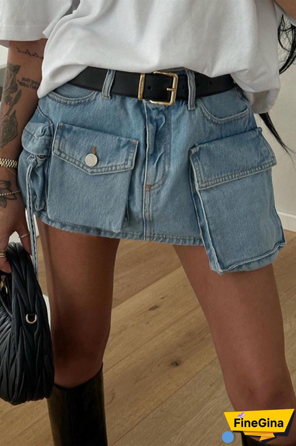 Blue Casual Solid Patchwork High Waist Regular Denim Skirts