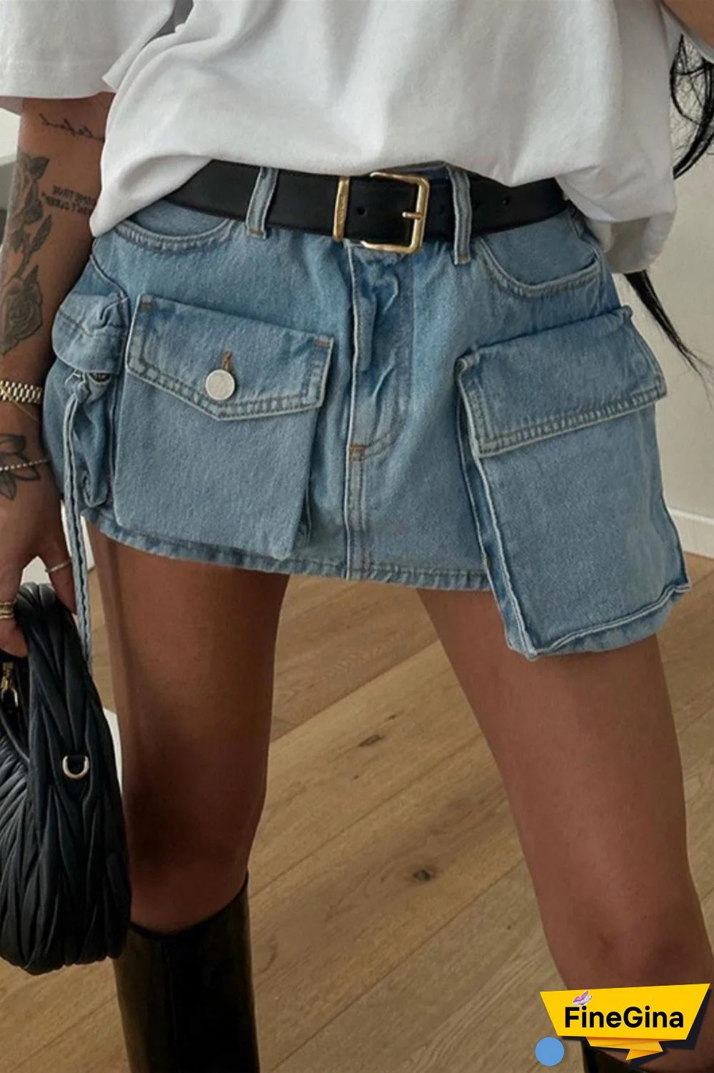 Blue Casual Solid Patchwork High Waist Regular Denim Skirts