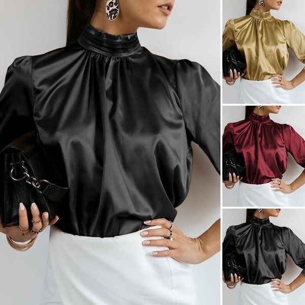 Celmia Autumn Women's Fashion Long Sleeve O Neck Solid Pleated Blouse Silk Satin Stand Collar Elegant Casual Loose Office Shirts Plus Size Tops - Shop Trendy Women's Clothing | LoverChic