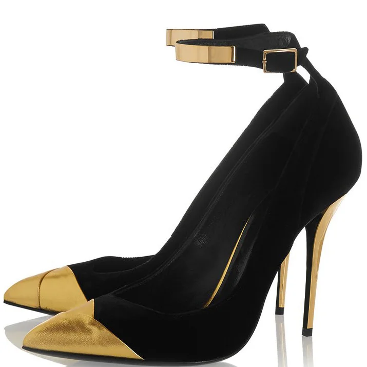 Black & Gold Ankle Strap Heels Pointed Toe Stiletto Pumps Shoes