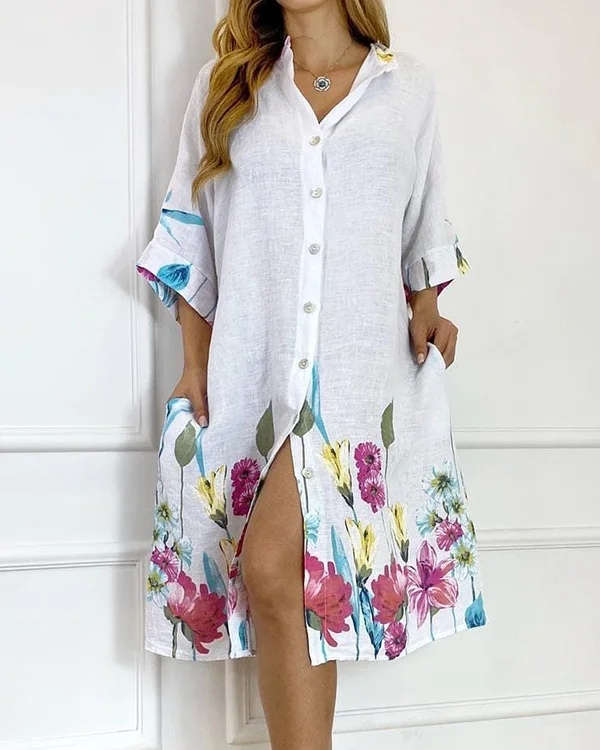 Women's V Neck Button 3/4 Sleeve Cardigan Print Dress