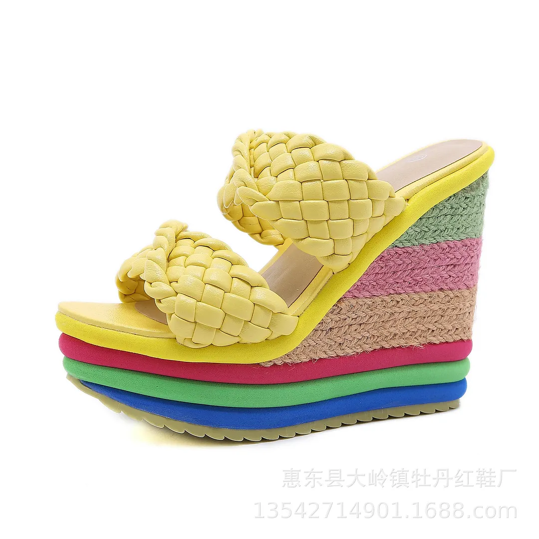 2021 Summer New Platform Wedge Sandals For Women's With Rainbow Color Weave Fish Mouth High Heels