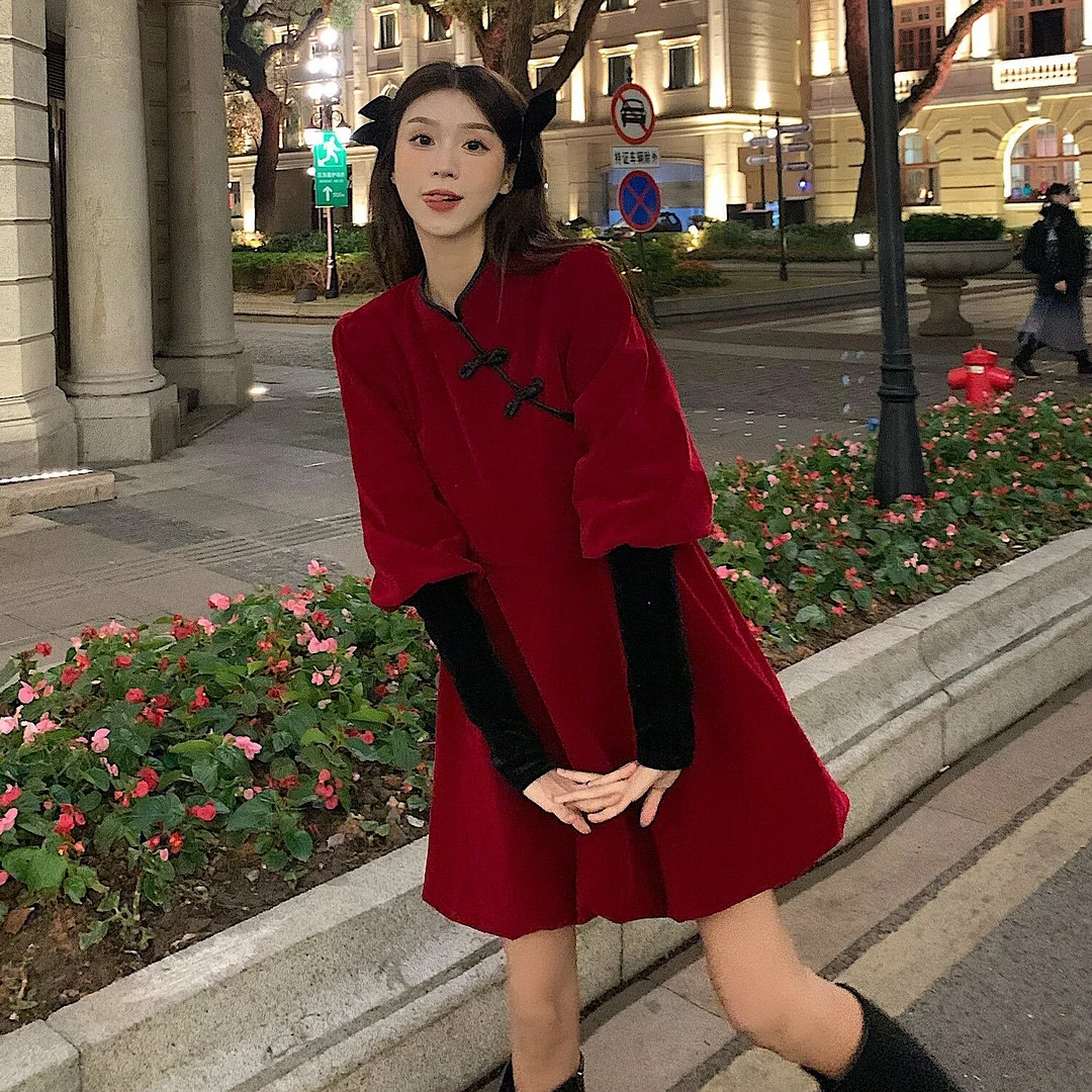 Long Sleeve Dress Plus Size 5XL Solid Mandarin Collar Cheongsam Mini Korean Sweet Style High Street Vintage Design Chic Stylish