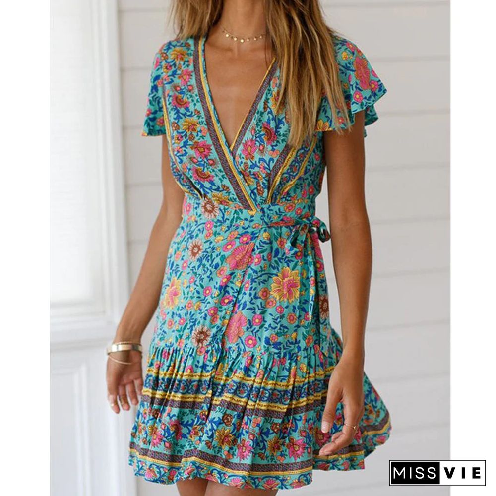 Holiday Style Short Sleeve Printed Dress
