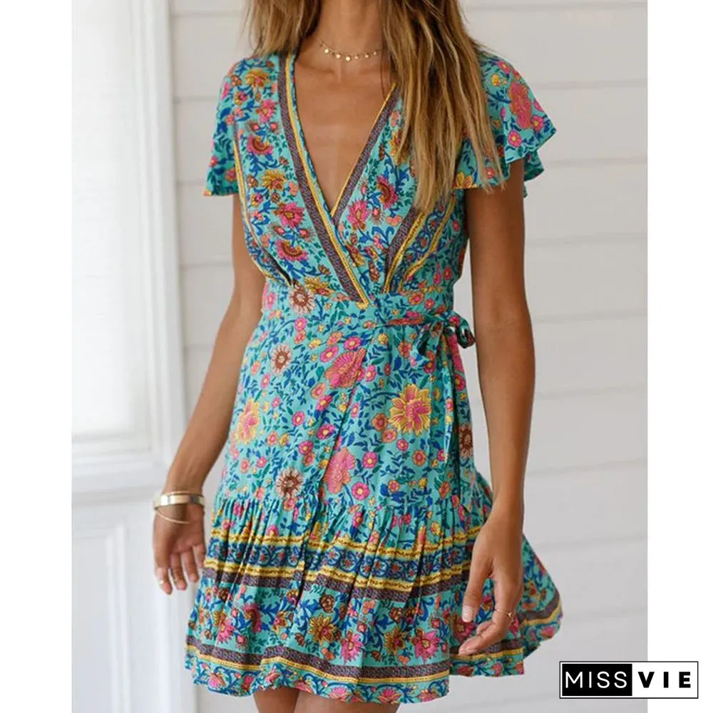 Holiday Style Short Sleeve Printed Dress