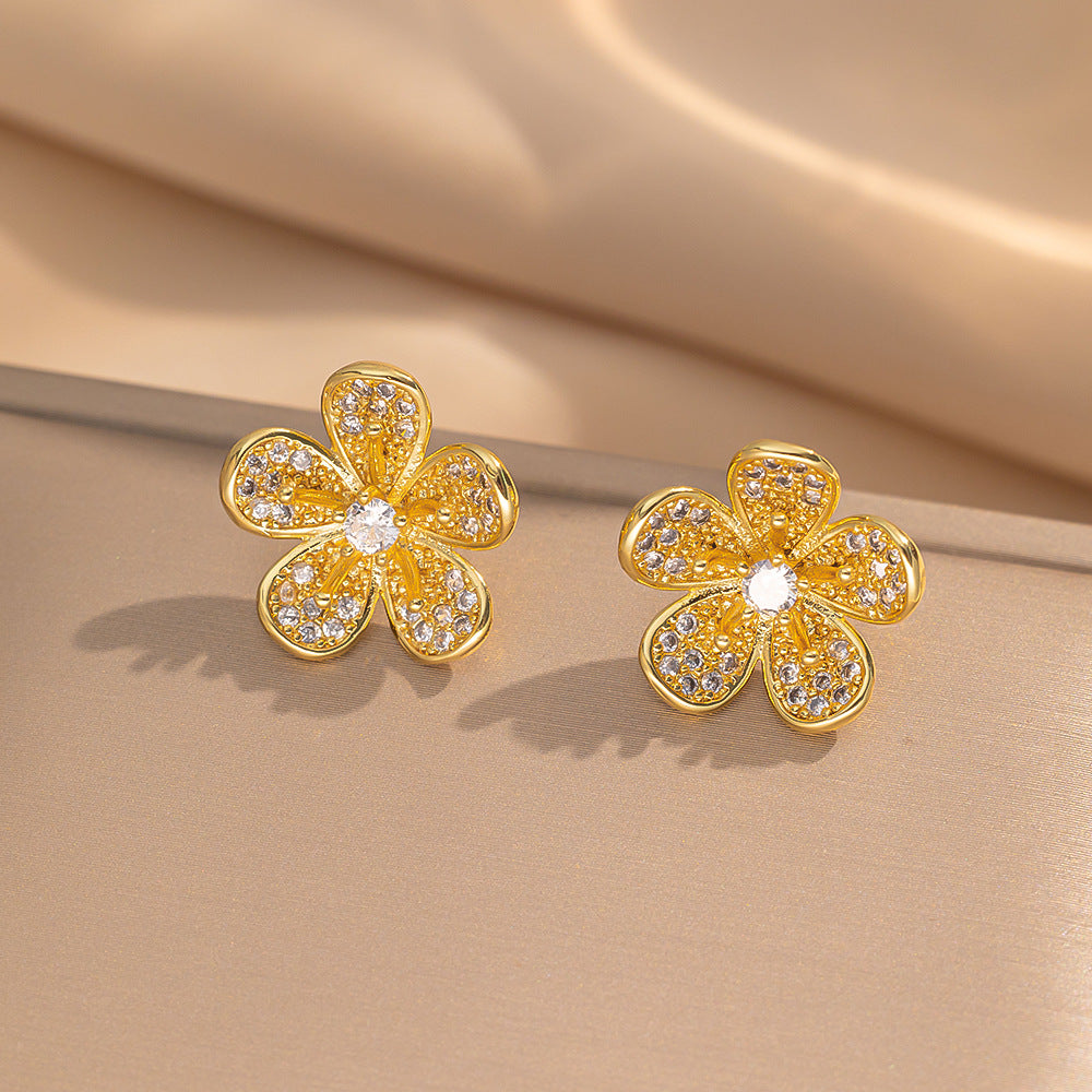 2 Pieces Moderate Luxury Flower Copper Diamond Inlay Stud Earrings