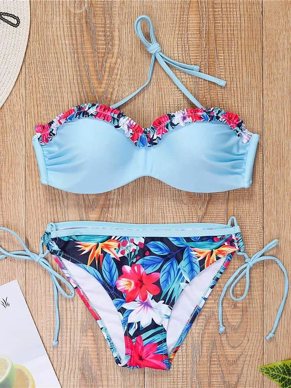 Ruffled Floral-Print Bandage Split Bikini Swimsuit