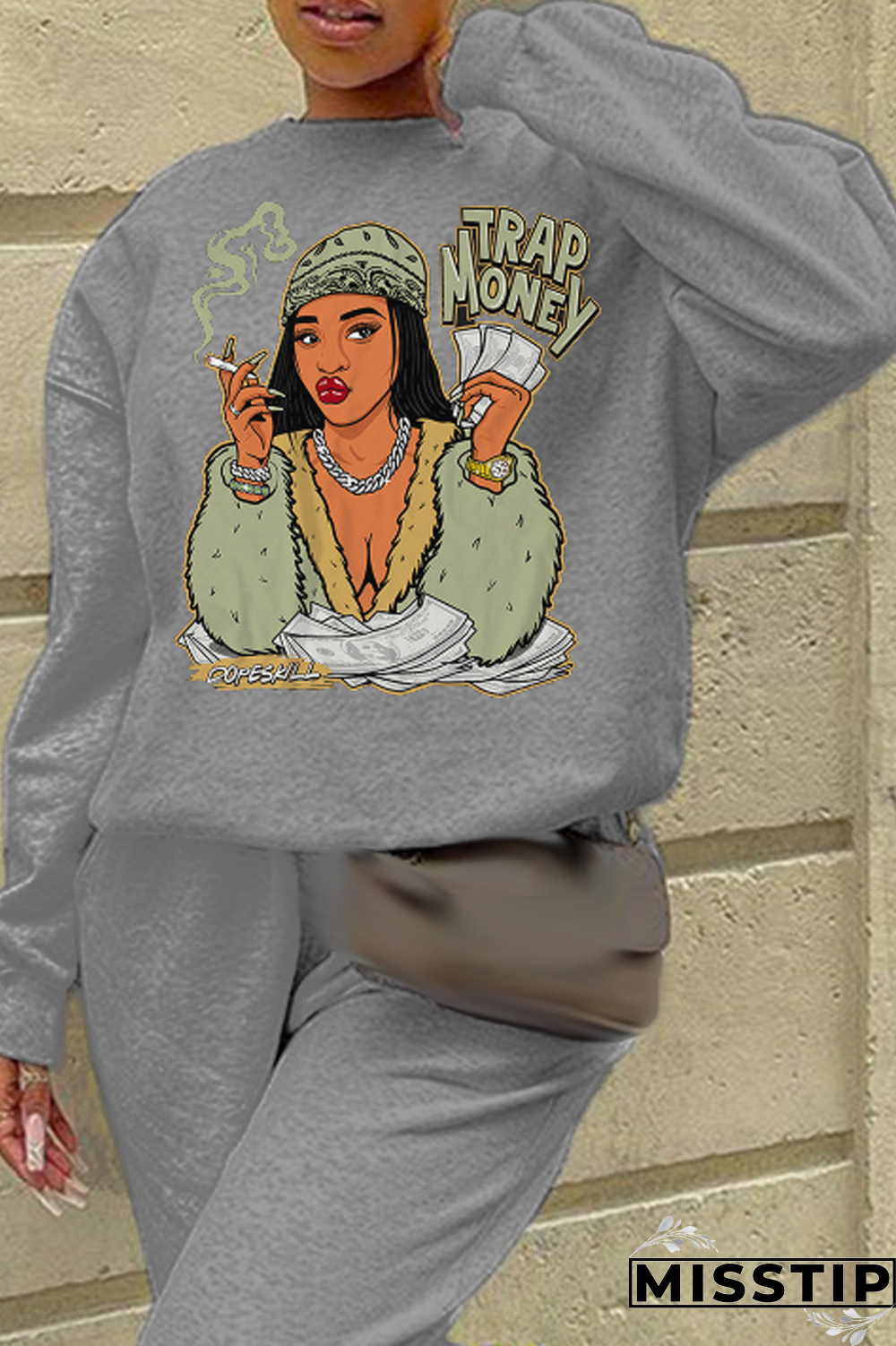 Grey Daily Print Patchwork O Neck Tops