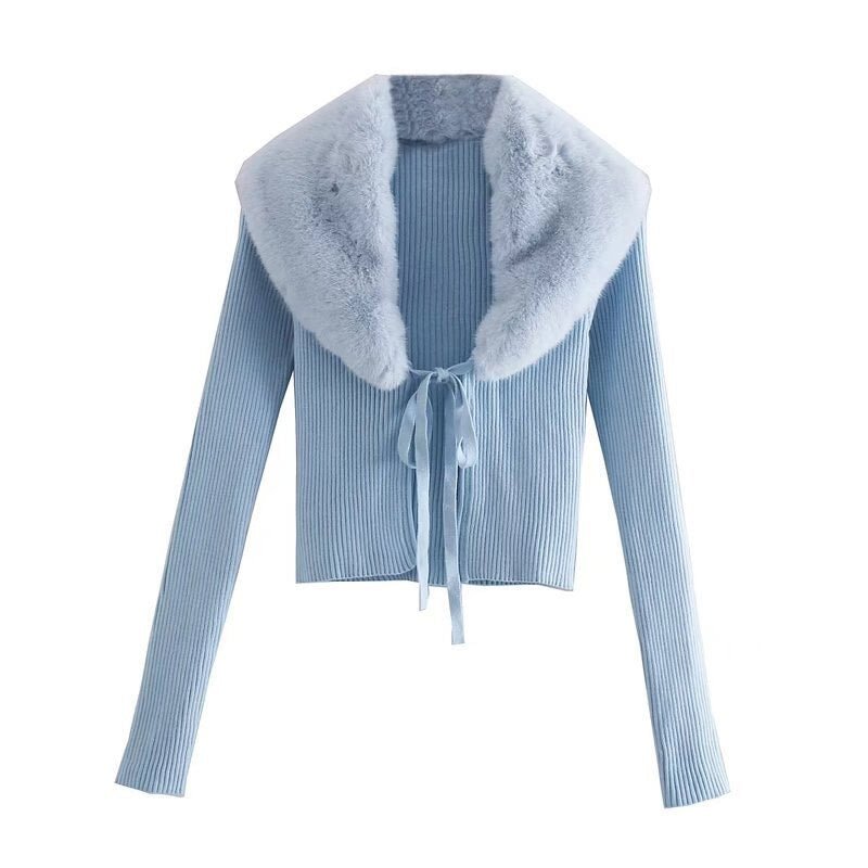 TRAF Women Fashion With Tie Faux Fur Fitted Crop Knit Cardigan Sweater Vintage Long Sleeve Female Outerwear Chic Tops