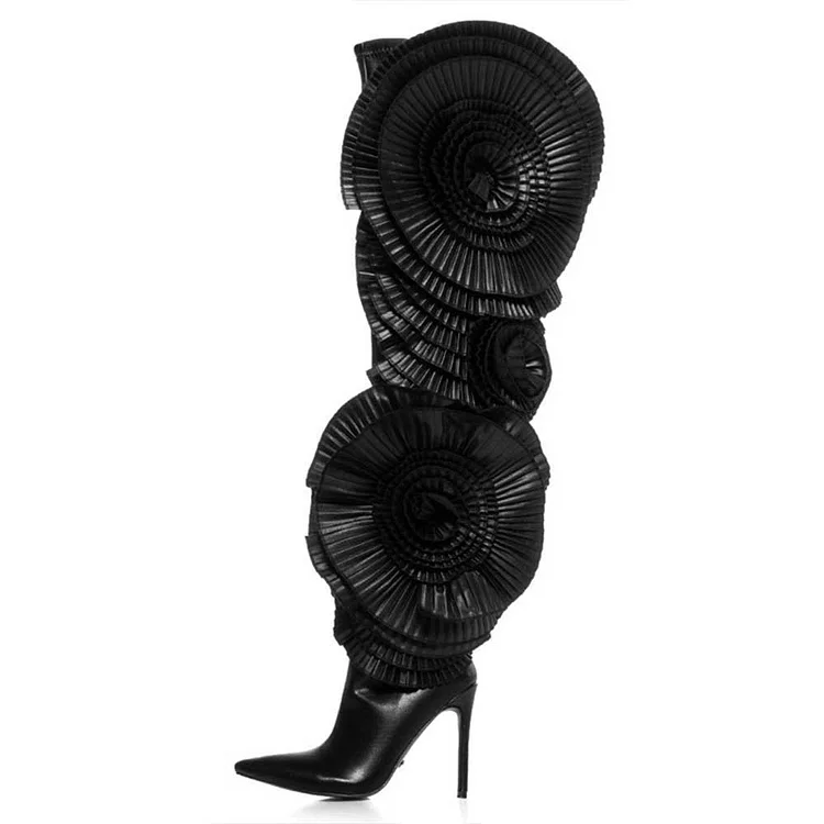 Black Pointed Toe Heeled Thigh High Boots with Pleated Floral |FSJ Shoes