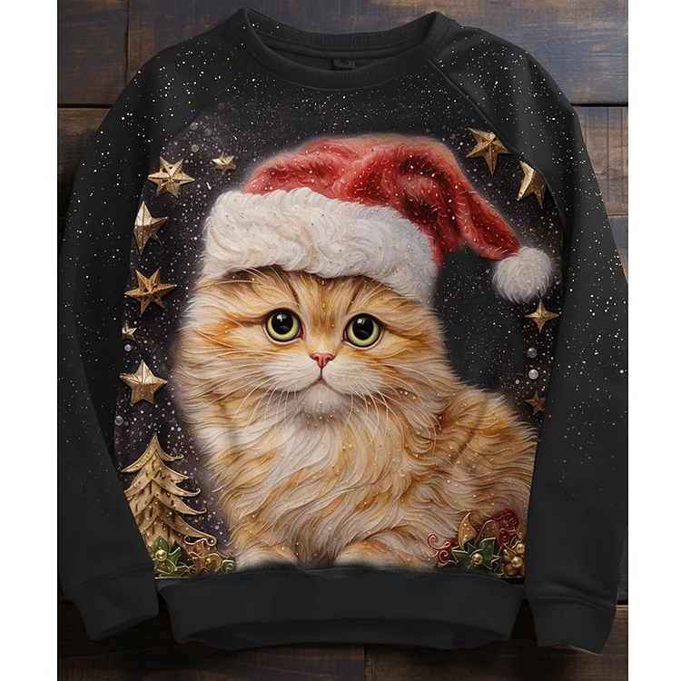 VChics Christmas Cat Print Round Neck Sweatshirt