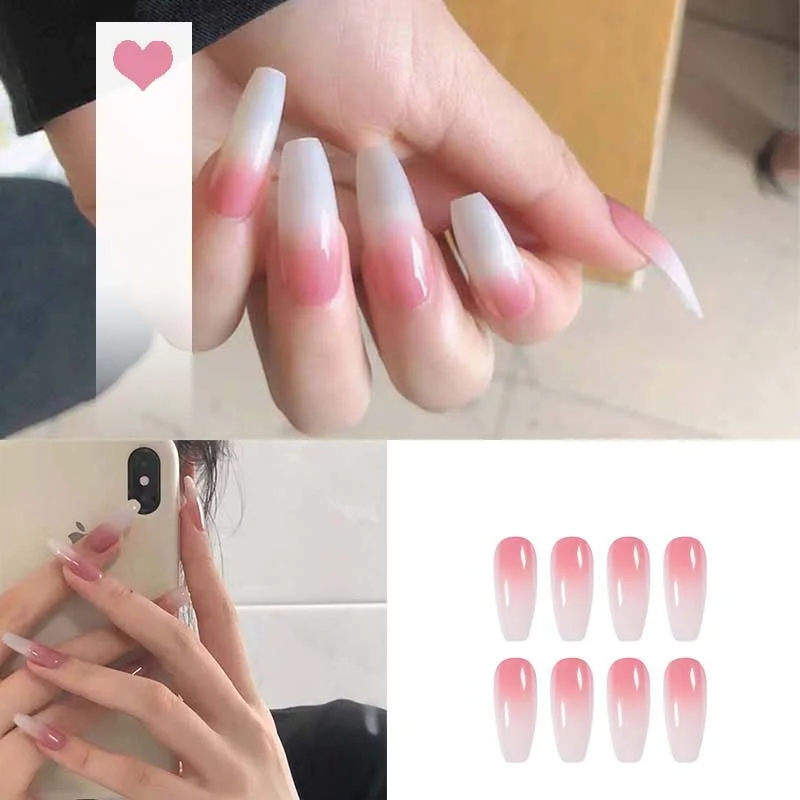24PCS/box artificial nails with glue Milky white pink Gradients long Ballet Nail stick fake nail tips full cover acrylic
