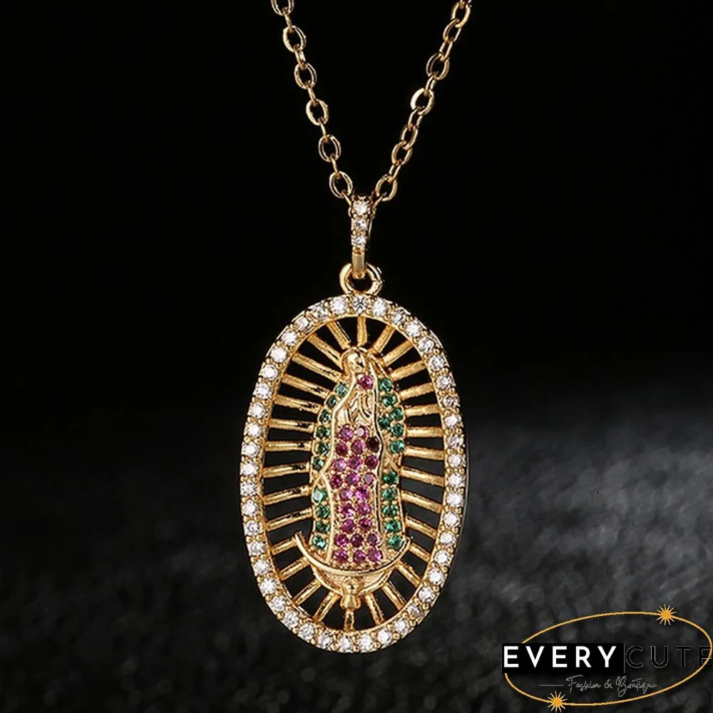 Stainless Steel Virgin Mary Pendant Necklace Gold Crystal Necklace Women Fashion Pendant Religious Catholic Jewelry