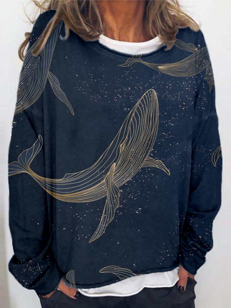 Gold Line Whales Art Graphic Oversized Cozy Sweatshirt  artssus