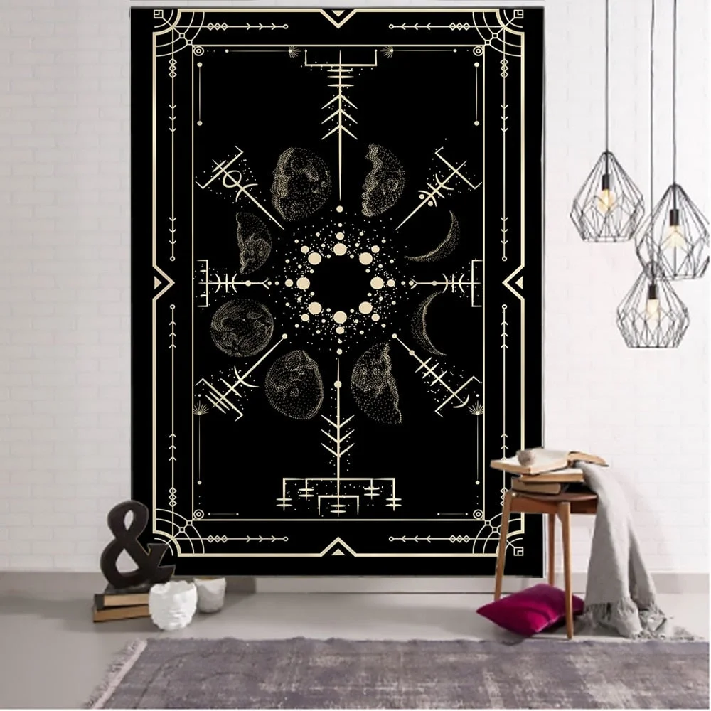 Golden Black Sun Moon Tarot Mandala Tapestry Wall Hanging Witchcraft Hippie Wall Carpets Dorm Decor Psychedelic Tapestry