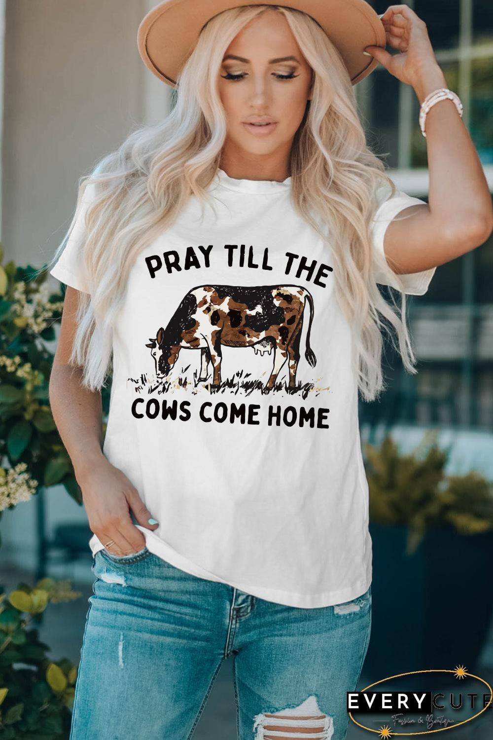 White Pray Till The Cows Come Home Graphic T Shirt