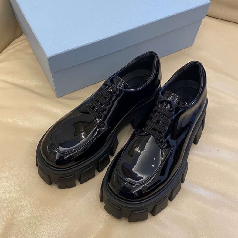 2021 Spring Women Single Shoes Black Patent Leather Thick Bottom British Style Shoes Casual Comfortable Lace Up Platform Shoes