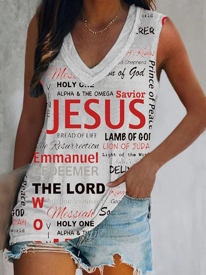 Women's Jesus Faith Funny Letter Print V-Neck Tank Top