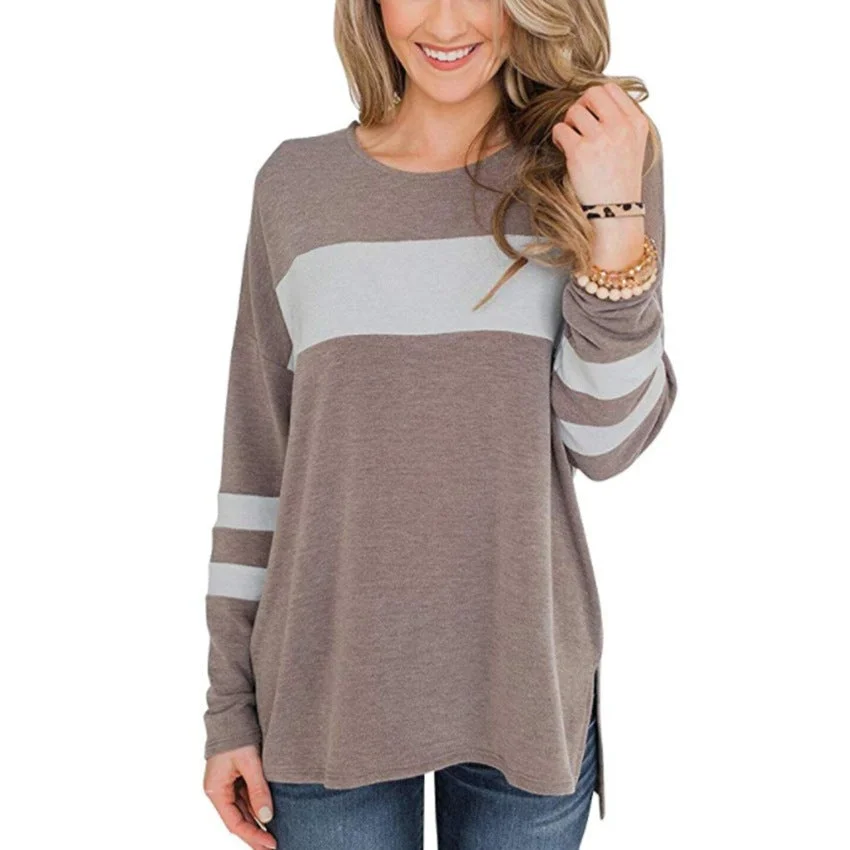 Women's Color Matching Long-sleeved Round Neck T-shirt