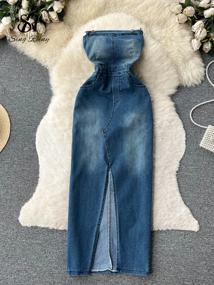 Huibahe 2024 Strapless Sexy Denim Dress Women Off the Shoulder Slim Split Long Dress Korean Streetwear Retro Bodycon Dress