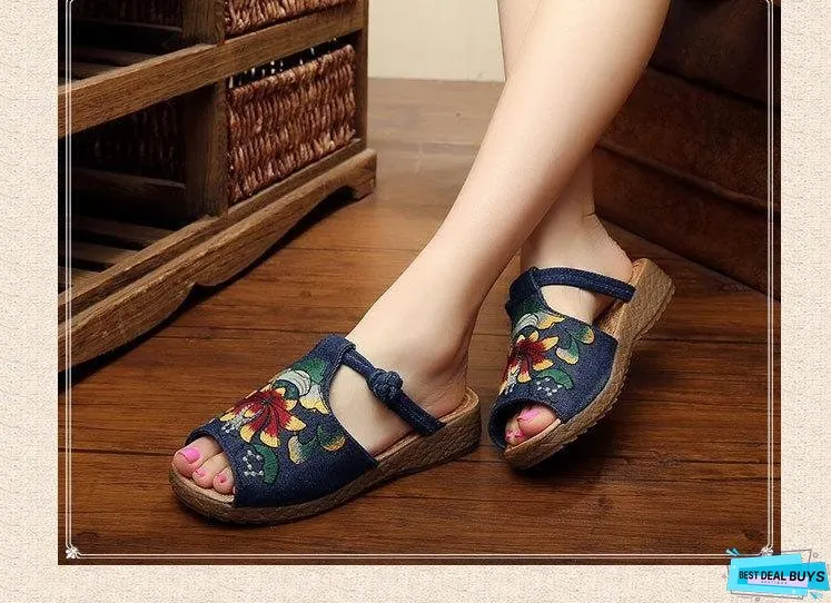 Ethnic Style Wedge with Non-slip Fish Mouth Type Embroidered Sandals and Slippers