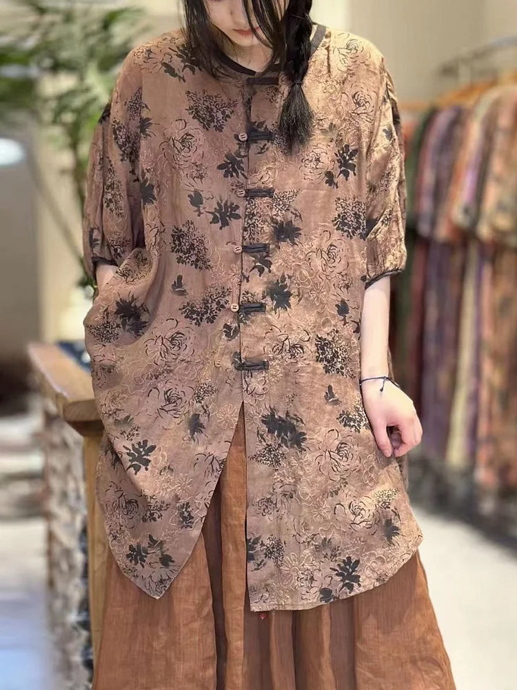 Women Retro Flower Button Worn Embroidery Long Shirt