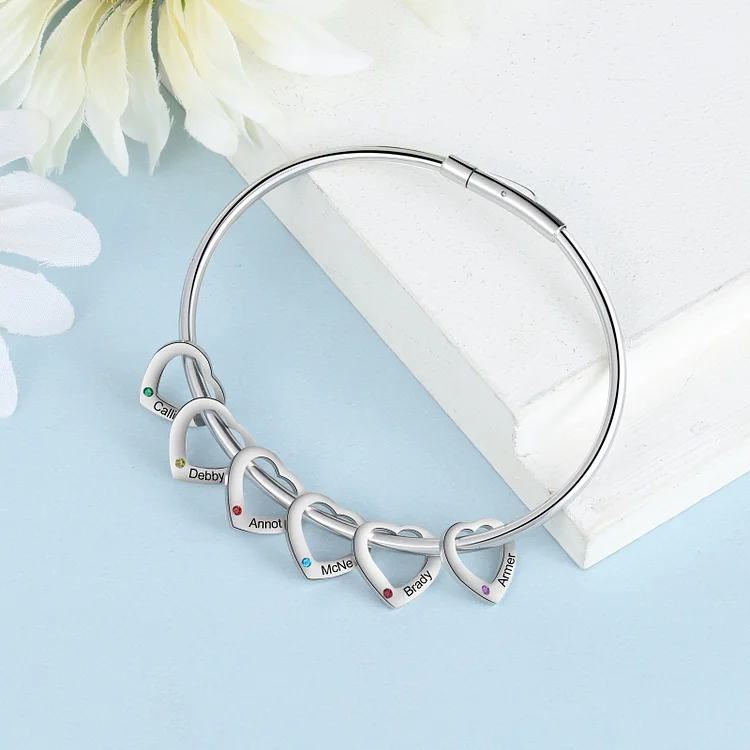 Pulsera Brazalete 6 Nombres Personalizados con 6 Piedras de Nacimiento