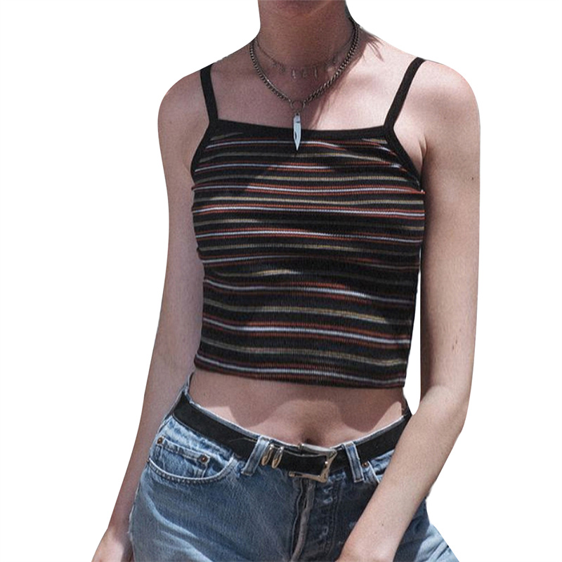 y2k Cami Top Summer Women Striped Square Collar Spaghetti Strap Sleeveless Tanks 2000s Aesthetic Clothes Streetwear