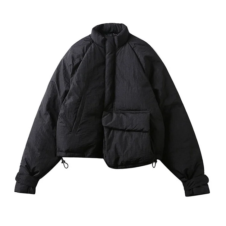 Warm Solid Color Stand Collar Spliced Single Pocket Cotton-padded Coat