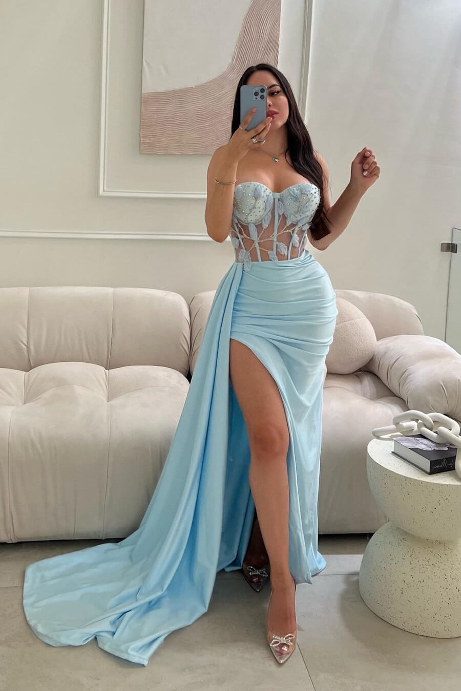 Luluslly Sky Blue Sweetheart Sleeveless Mermaid Evening Dress Beadings With Split Ruffles
