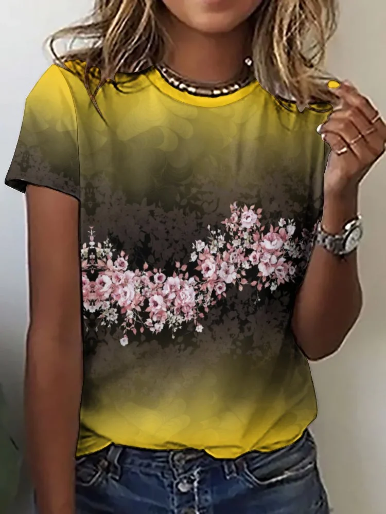 Printed Short Sleeve Casual T-shirt for  Women and Men Unisex Pattern Floral, Yellow, Pink