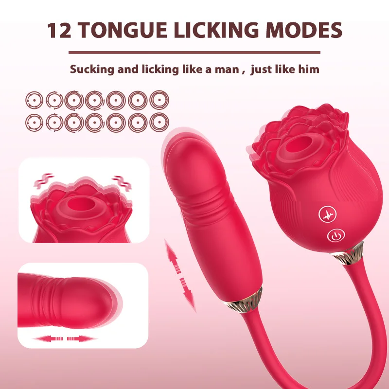 Double Headed Rose Vibrator with Sucking and Thrusting Functions for Deep Sensations
