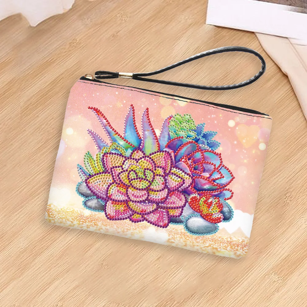 DIY Succulent PU Partial Special Shaped Diamond Painting Wallet Makeup Bag
