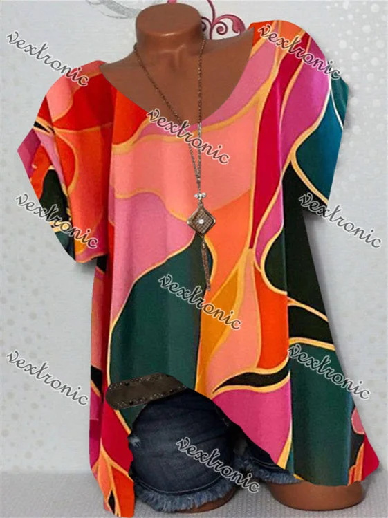 Women's Colorful Scoop Neck Short Sleeve Striped Top