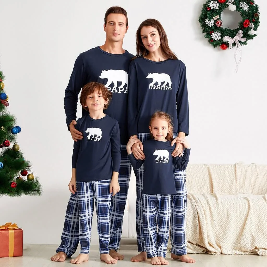 Christmas Family Bear Long-sleeve Top and Plaid Pants Matching Pajamas Set