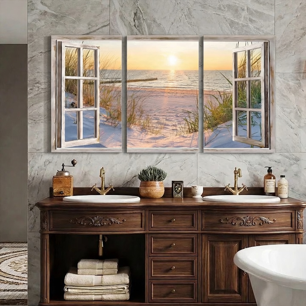 3-Piece Set Morning Beach Window Canvas Wall Art