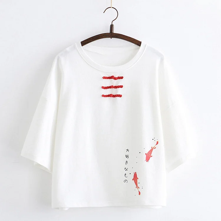 Vintage Fish Blossom Print Loose Shirt Pants - Modakawa modakawa