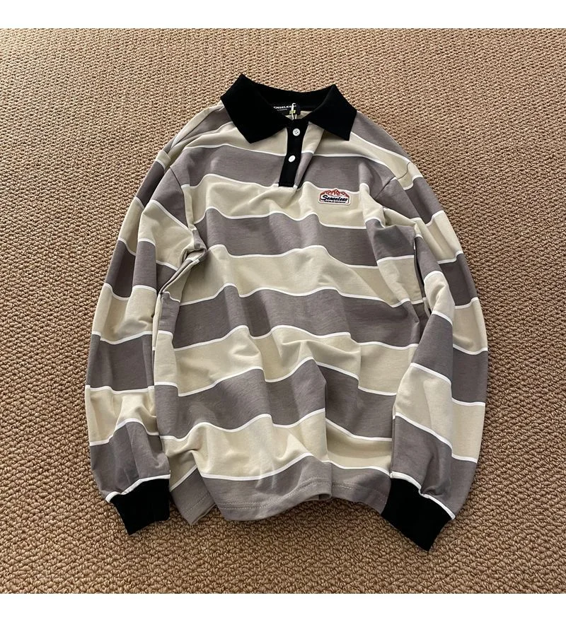 Toloer Toloer Japanese Harajuku Vintage Striped Sweatshirt Men And Women Fashion Casual POLO Shirt Couples Loose Campus Hip Hop Clothing 1127-1-Outfit Ideas