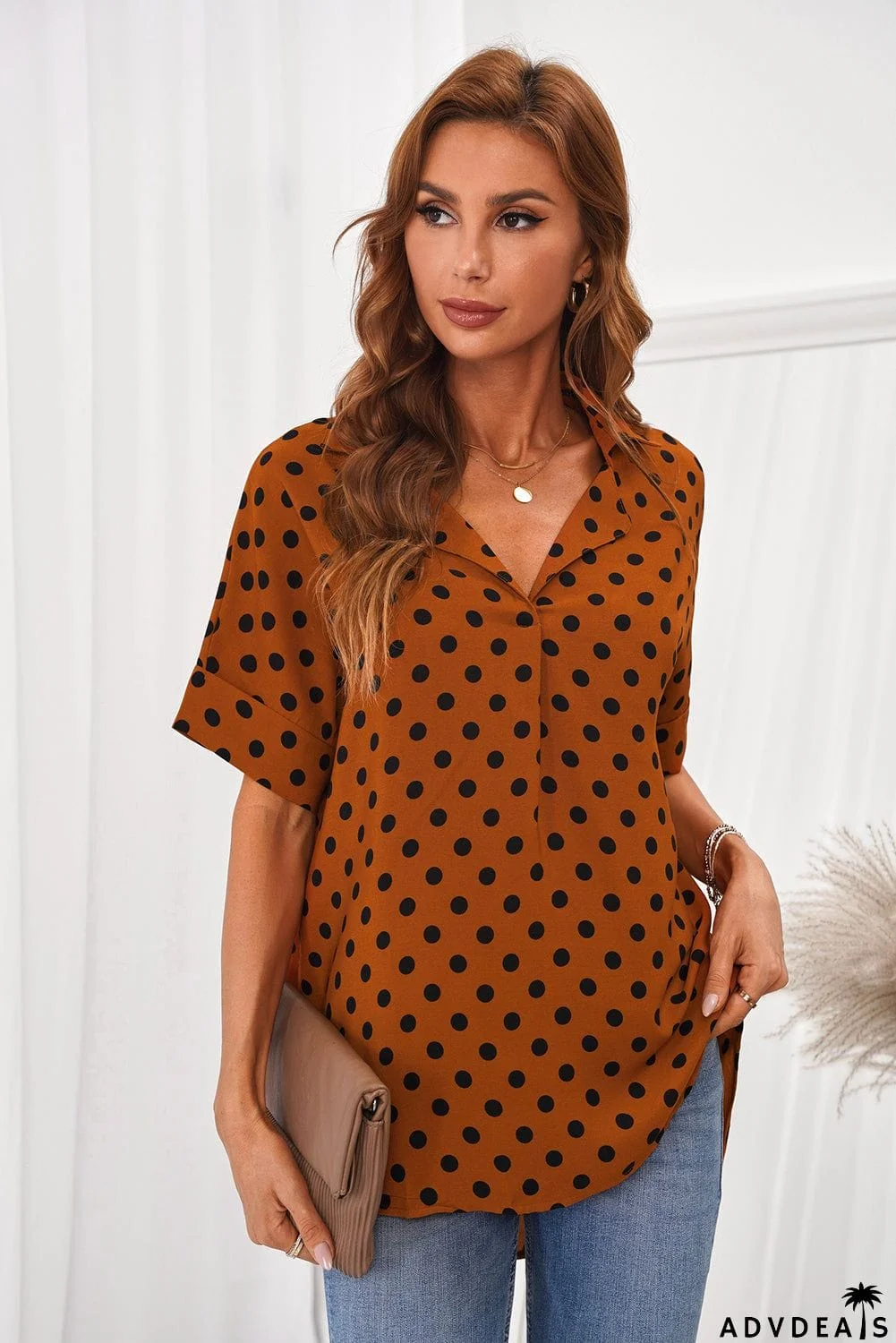 Dotted Print V Neck Drape Front Blouse
