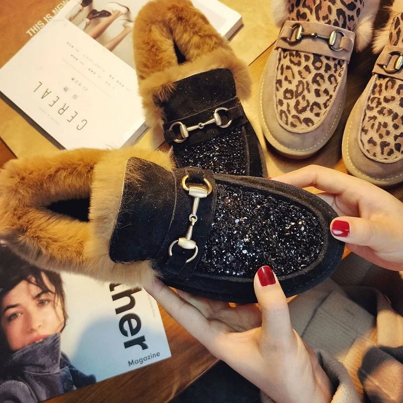 Genuine Cony Hair Loafers Students Leopard Flats Comfortable Cotton Shoes Woman's Heels Thick Sole Buckle Fuzzy GlitterBlack