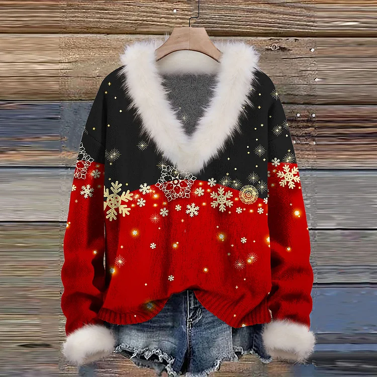 Comstylish Christmas Retro Snowflake Art Print Knit Pullover Sweater