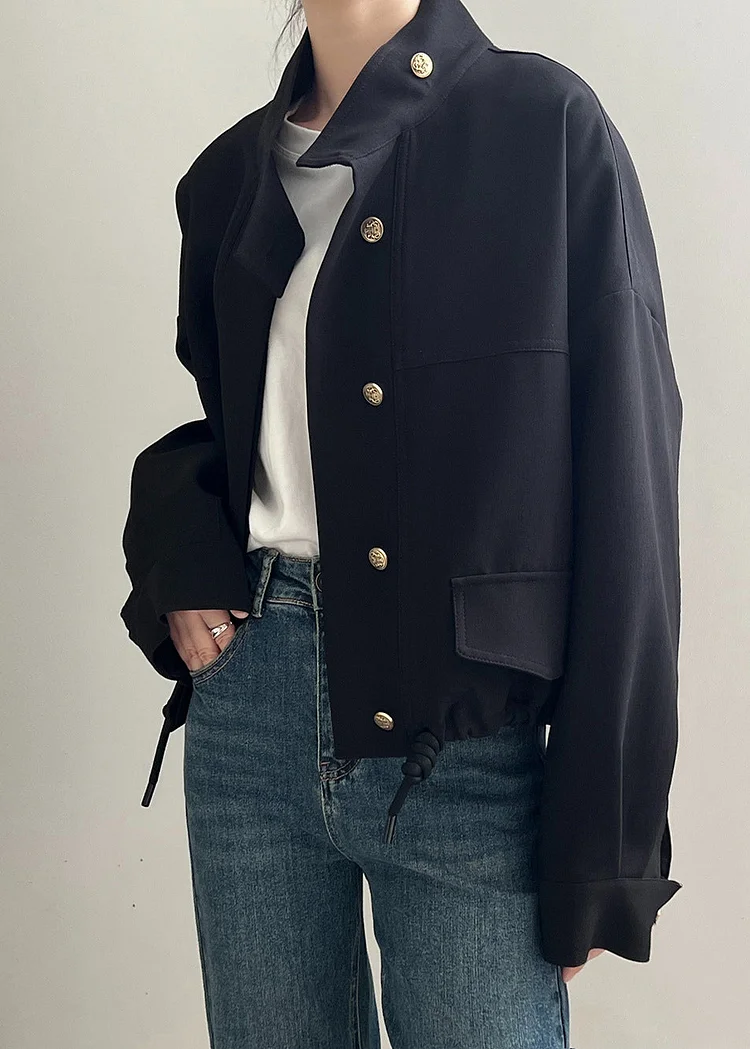 Black Button Cotton Jacket Stand Collar Drawstring Fall