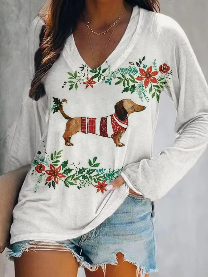 Women's Dog Floral Print Casual Long Sleeve Top
