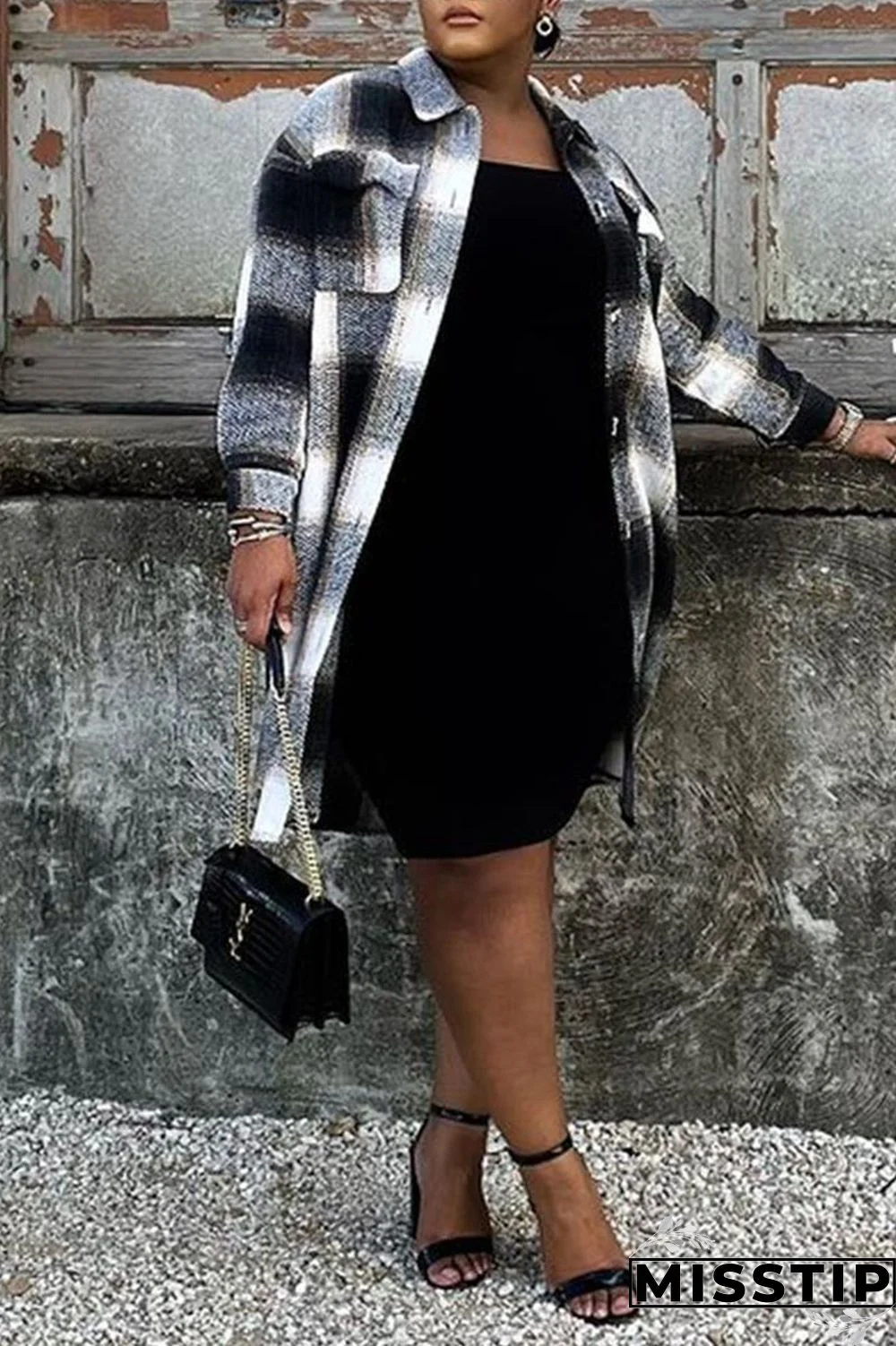 Black White Casual Plaid Print Patchwork Buckle Turndown Collar Plus Size Overcoat