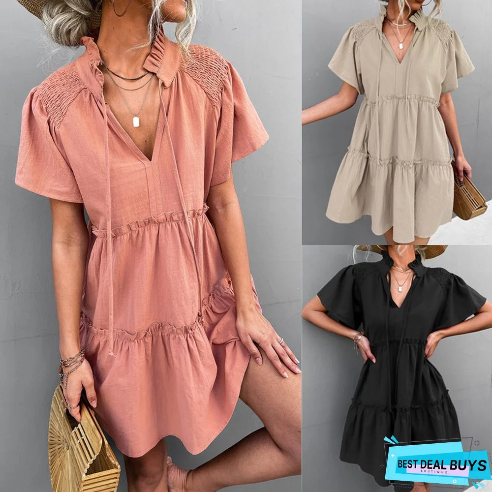 Frilly Strappy V-Neck Lace Dress A-Line Skirt