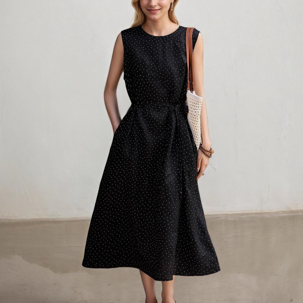 ドット柄 ファッション ノースリーブ おすすめ服 切り替え ファッショナブルワンピース