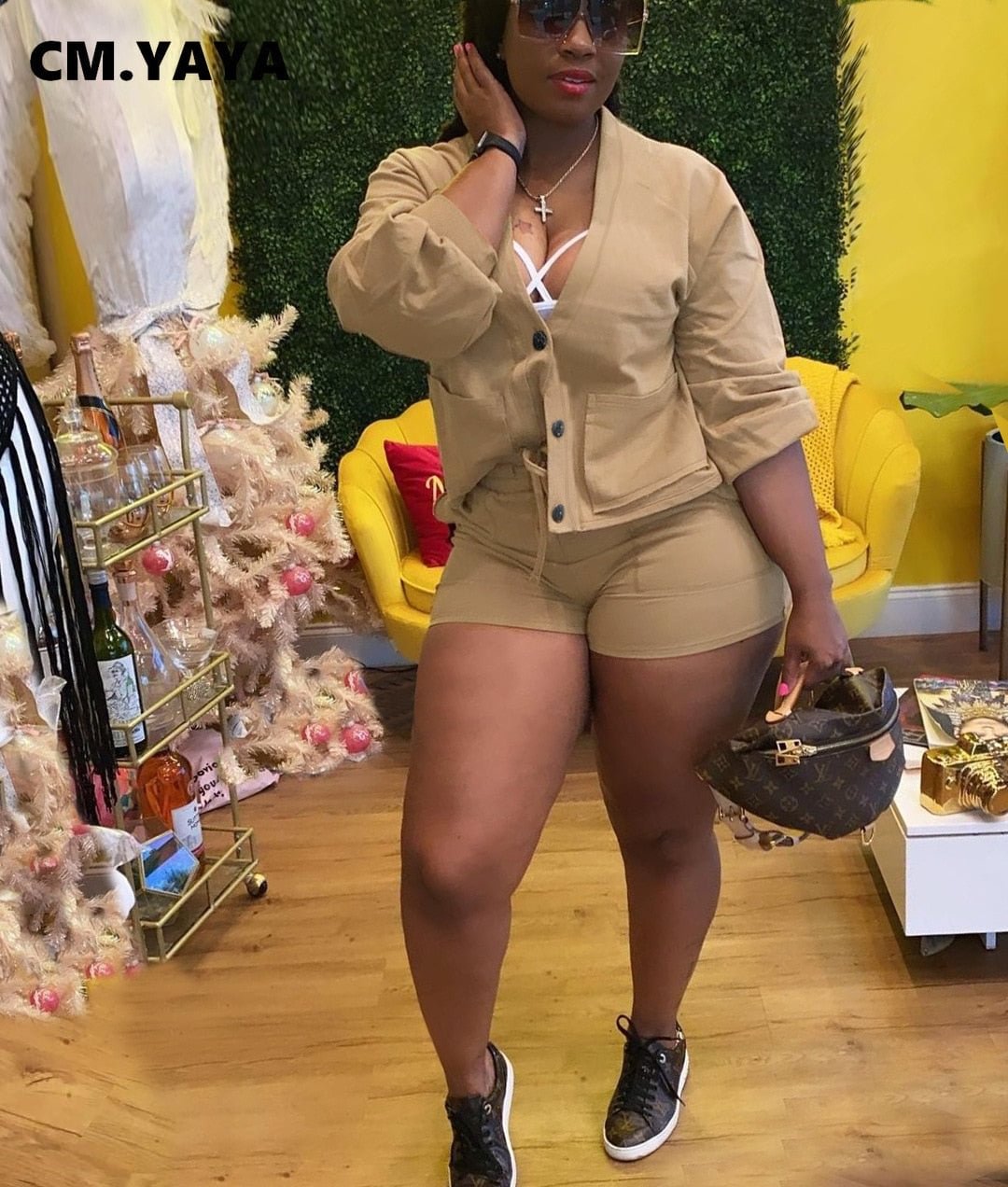 CM.YAYA Women Two 2 Piece Set Button Up Tops and Shorts Matching Set Outfits Elegant Classic Solid Autumn Tracksuit Sweatsuit