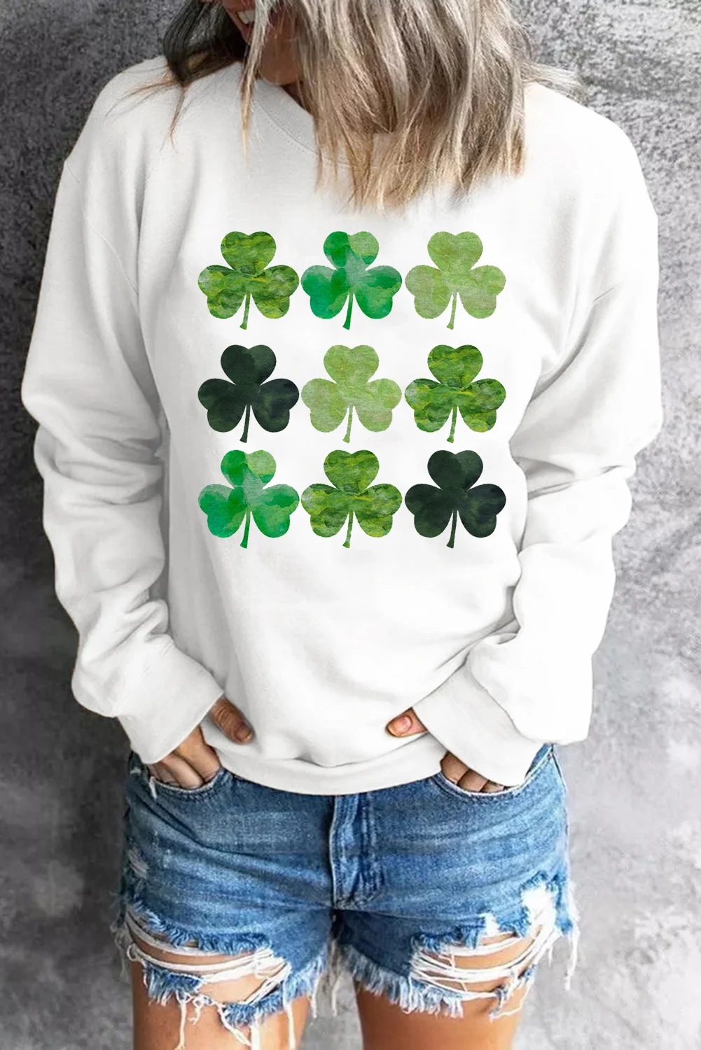 White St. Patrick's Day Clover Print Long Sleeve Sweatshirt | IFYHOME