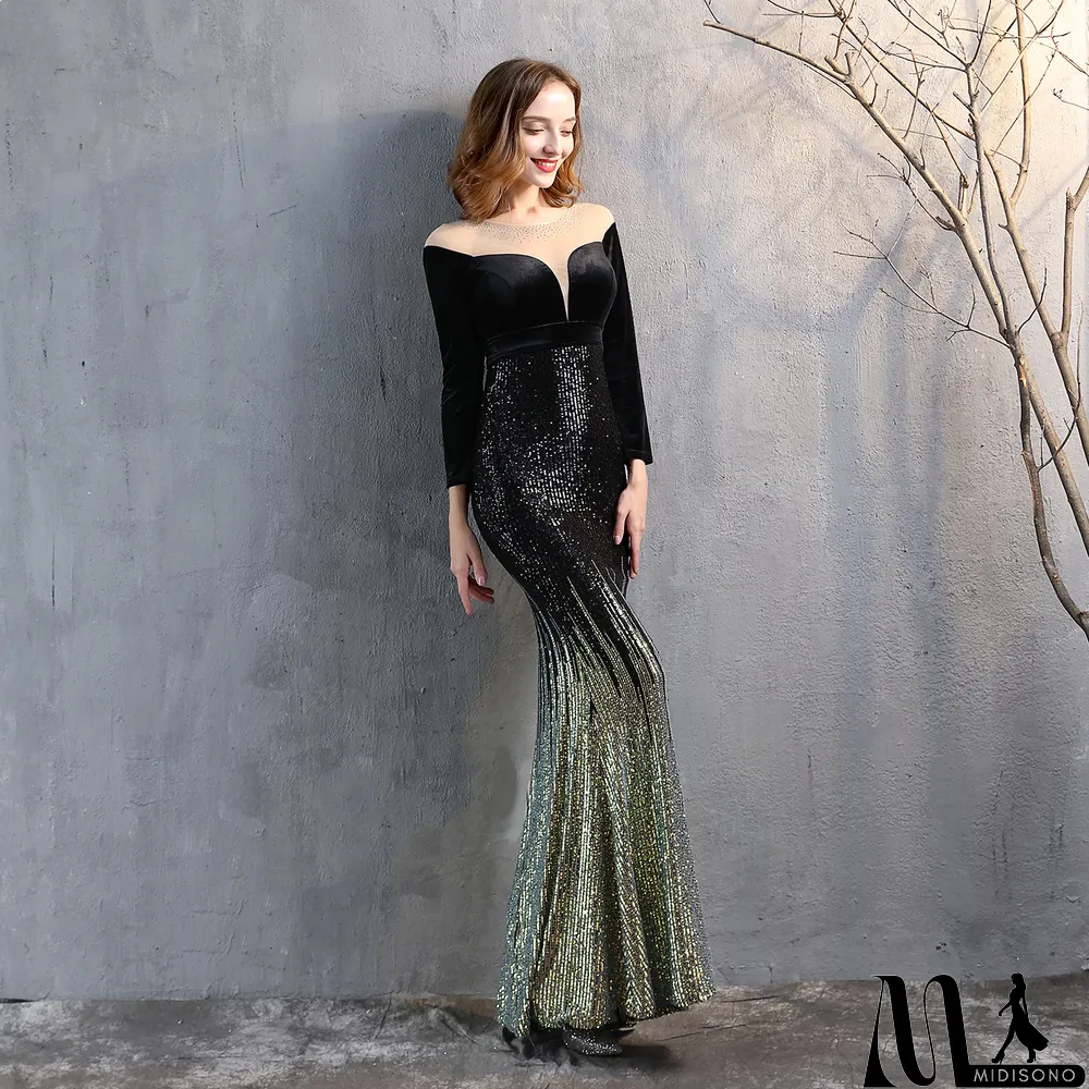 MidiSono - Formal Long Sleeve Patch Velvet Sequins Mermaid Evening Dress