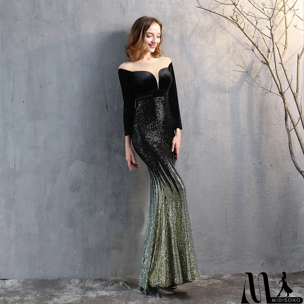 MidiSono - Formal Long Sleeve Patch Velvet Sequins Mermaid Evening Dress